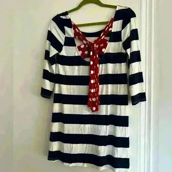 12pm by Mon Ami Womens Quarter Sleeve Striped Dress  Bow Tie Back. Americana. M. - Picture 2 of 9